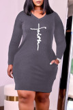 Negro Moda casual estampado básico cuello en V manga larga vestidos de talla grande