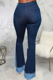 Donkerblauwe straat-gescheurde denim jeans met hoge taille en patchwork