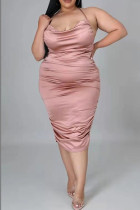 Pink Sexy Patchwork Frenulum Backless Fold Halter Plus Size Dresses