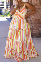 Yellow Casual Striped Print Patchwork Fold Spaghetti Strap Sling Dress Plus Size Dresses