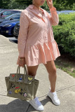 Розовое модное повседневное однотонное базовое платье-рубашка с отложным воротником и длинными рукавами