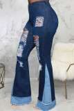 Dark Blue Street Patchwork High Waist Distressed Flare Leg Ripped Denim Jeans