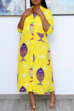 Желтое повседневное платье-рубашка с отложным воротником и пряжкой в ​​стиле пэчворк с принтом Платья Платья