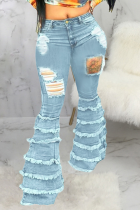 Baby Blue Casual Solid Mid Waist Boot Cut Raw Hem Flare Leg Tassel Denim Jeans