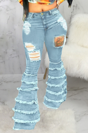 Baby Blue Casual Solid Mid Waist Boot Cut Raw Hem Flare Leg Tassel Denim Jeans