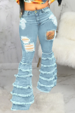 Babyblaue, lässige, solide Quasten-Boot-Cut-Denim-Jeans mit mittlerer Taille