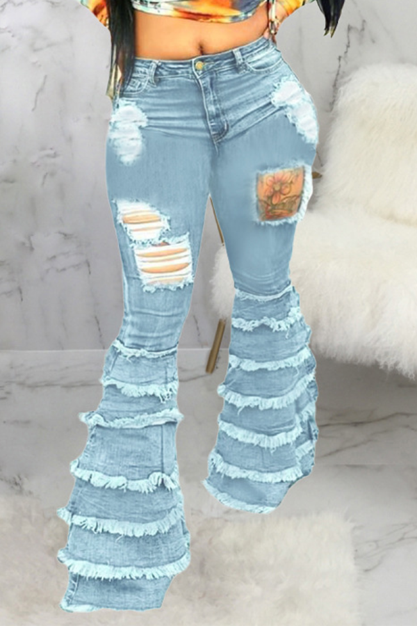 Babyblaue, lässige, solide Quasten-Boot-Cut-Denim-Jeans mit mittlerer Taille
