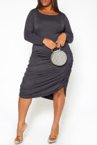 Dark Gray Fashion Casual Solid Fold O Neck Long Sleeve Plus Size Dresses