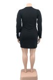 ブラックファッションカジュアルプリントベーシックVネック長袖プラスサイズのドレス