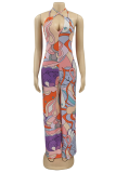 Pink Sexy Print Patchwork Halter Straight Jumpsuits