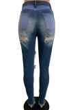 Jeans de mezclilla ajustados de cintura media rasgados sólidos sexy azul
