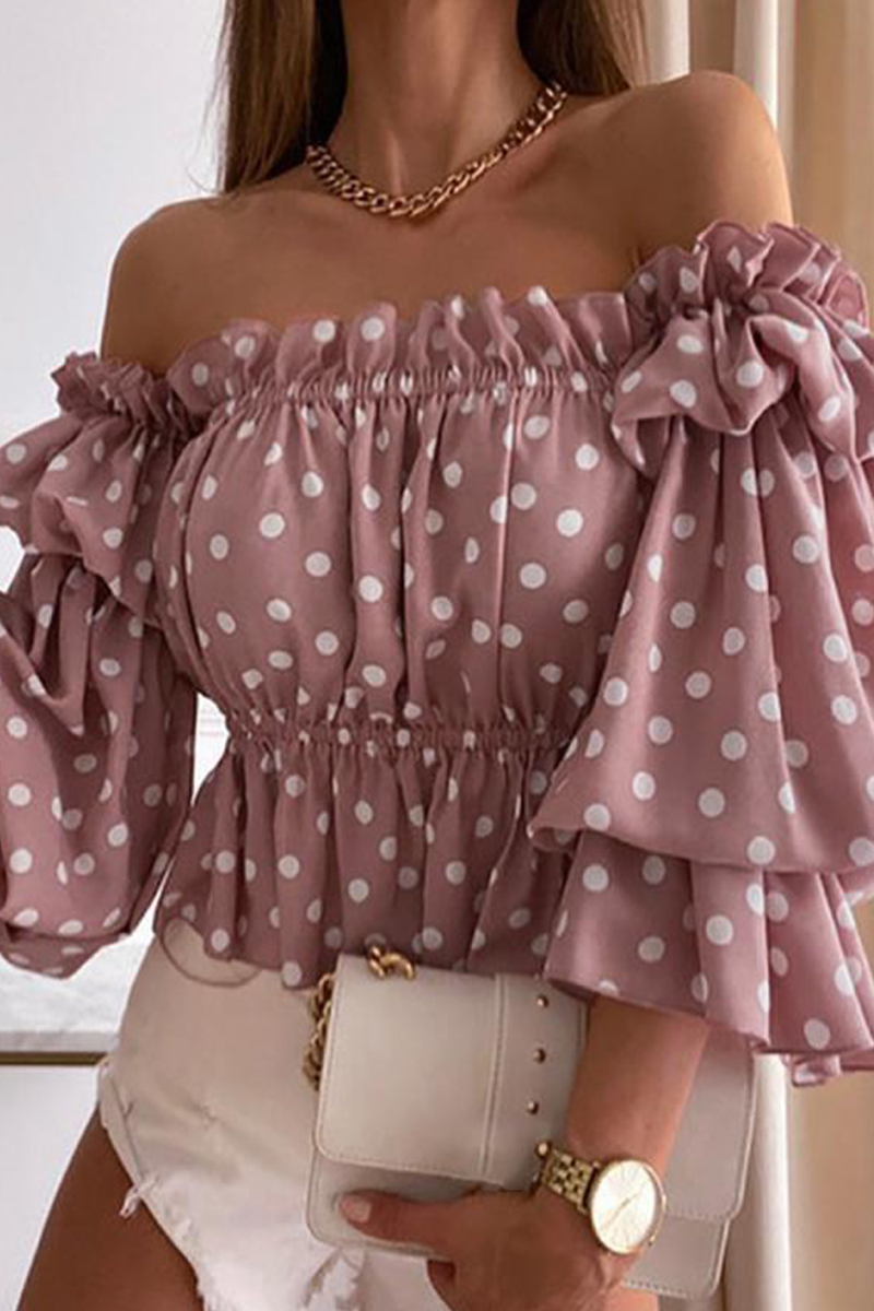 

White Pink Elegant Print Split Joint Flounce Off the Shoulder Tops