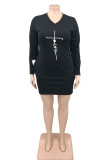 ブラックファッションカジュアルプリントベーシックVネック長袖プラスサイズのドレス