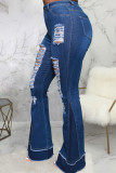 Donkerblauwe straat-gescheurde denim jeans met hoge taille en patchwork