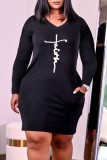 Negro Moda casual estampado básico cuello en V manga larga vestidos de talla grande