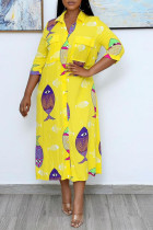 Yellow Casual Print Patchwork Buckle Turndown Collar Shirt Dress Dresses