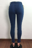 The cowboy blue Sexy Solid Hollowed Out Patchwork Frenulum High Waist Skinny Denim Jeans