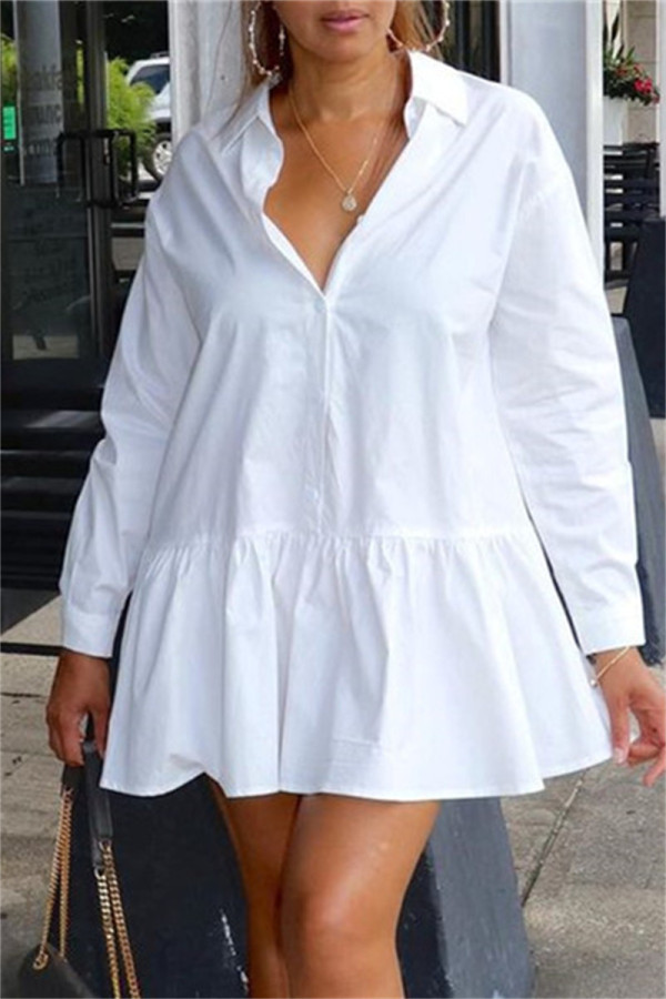 Weißes, modisches, lässiges, solides Basic-Umlegekragen-Langarm-Hemdkleid