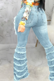 Dunkelblaue, lässige, solide Troddel-Boot-Cut-Denim-Jeans mit mittlerer Taille