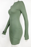 Ink Green Casual Solid Patchwork Zipper Collar Pencil Skirt Dresses