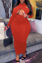 Rode mode sexy effen uitgeholde v-hals lange mouwen plus size jurken