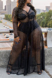 Schwarze, sexy, bedruckte, durchsichtige Pailletten-Patchwork-Kleider mit V-Ausschnitt und langen Ärmeln in Übergröße