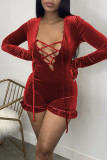 Red Sexy Solid Patchwork Frenulum V Neck Straight Rompers