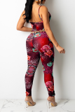 Brown Sexy Print Patchwork Spaghetti Strap Skinny Jumpsuits