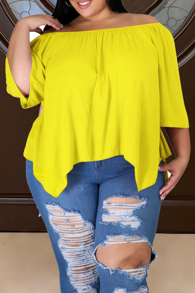 

Yellow Casual Solid Split Joint Asymmetrical Off the Shoulder Plus Size Tops