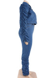Синие повседневные однотонные джинсы большого размера со складками в стиле пэчворк