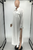 White Fashion Casual Solid Slit Turndown Collar Shirt Dress Dresses