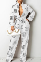 White Fashion Casual Print Patchwork Buttons With Belt Turndown Collar Loose Jumpsuits