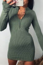 Чернильно-зеленые повседневные однотонные лоскутные платья-юбка-карандаш с воротником-молнией