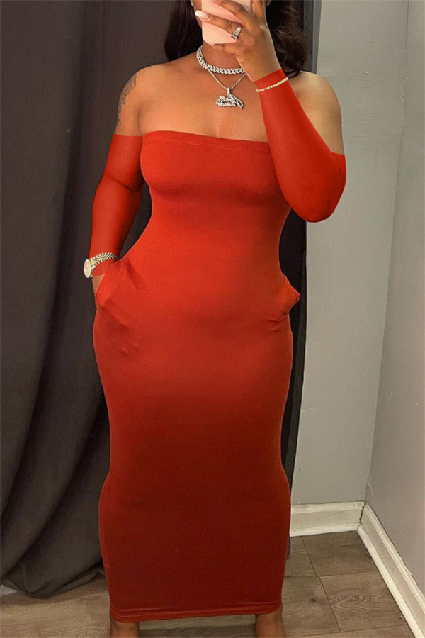 Röda mode sexiga solida rygglösa axelbandslösa långärmade klänningar