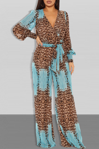 Blue Casual Print Patchwork V Neck Straight Jumpsuits