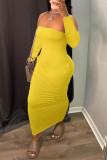 黄色のファッションセクシーなソリッドバックレスストラップレス長袖ドレス
