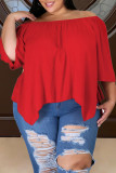 Rose Red Casual Solid Patchwork Asymmetrical Off the Shoulder Plus Size Tops