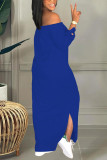 Blauwe casual print patchwork split off-shoulder rechte jurken