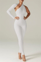 ホワイト セクシー カジュアル ソリッド バックレス 非対称 斜め襟 スキニー ジャンプスーツ