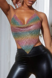 Разноцветные сексуальные лоскутные асимметричные топы с открытой спиной и лямкой на шее