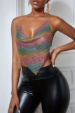 Multicolor Sexy Patchwork Backless Asymmetrical Halter Tops