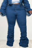 Jeans de talla grande con pliegues de patchwork sólido casual azul