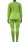 Fluorescent Green Casual Solid Patchwork Buttons Turn-back Collar Plus Size Two Pieces