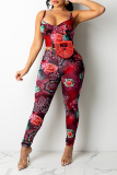 Blå sexigt tryck Patchwork Spaghetti Strap Skinny Jumpsuits