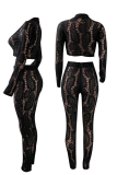 Black Sexy Solid Lace Turndown Collar Long Sleeve Two Pieces