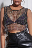 Black Fashion Casual Patchwork Sequins See-through O Neck Tops