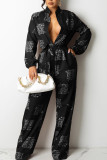 Black Fashion Casual Print Patchwork Buttons With Belt Turndown Collar Loose Jumpsuits