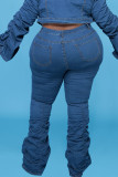 Синие повседневные однотонные джинсы большого размера со складками в стиле пэчворк