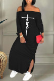 Zwarte casual print patchwork gleuf off-shoulder rechte jurken
