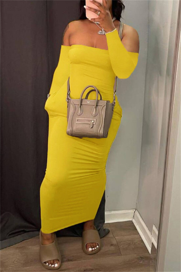 Gele mode sexy effen rugloze strapless jurken met lange mouwen
